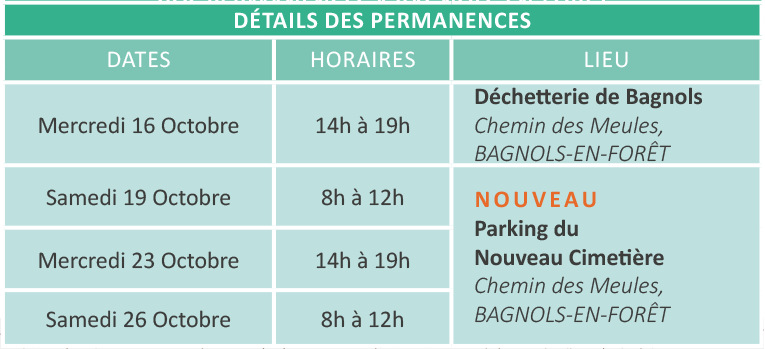 Détails des permanences :

Mercredi 16 octobre : de 14h à 19h
Lieu : Déchetterie de Bagnols, Chemin des Meules, Bagnols-en-Forêt

Samedi 19 octobre : de 8h à 12h
Lieu : Déchetterie de Bagnols, Chemin des Meules, Bagnols-en-Forêt

Mercredi 23 octobre : de 14h à 19h
Lieu : NOUVEAU - Parking du Nouveau Cimetière, Chemin des Meules, Bagnols-en-Forêt

Samedi 26 octobre : de 8h à 12h
Lieu : NOUVEAU - Parking du Nouveau Cimetière, Chemin des Meules, Bagnols-en-Forêt